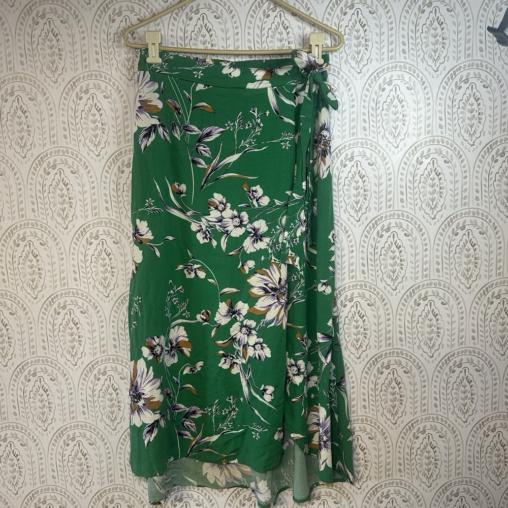 Maurices Womens Small Midi Skirt Green Floral Print Pull On‎ Tie Accent Soft